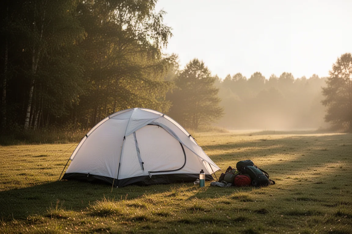 Area campeggio nell'ora d'oro con una tenda bianca montata vicino a una linea di alberi