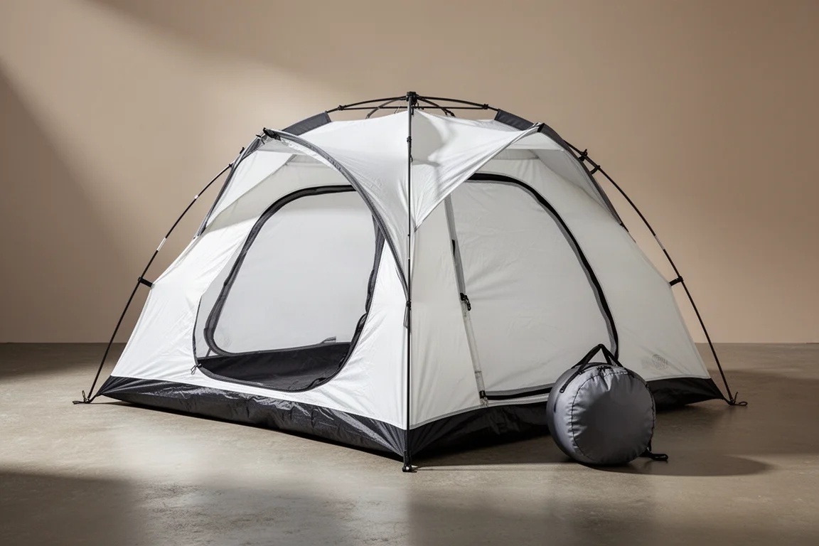 White and black pop-up camping tent with circular carry bag on a concrete surface