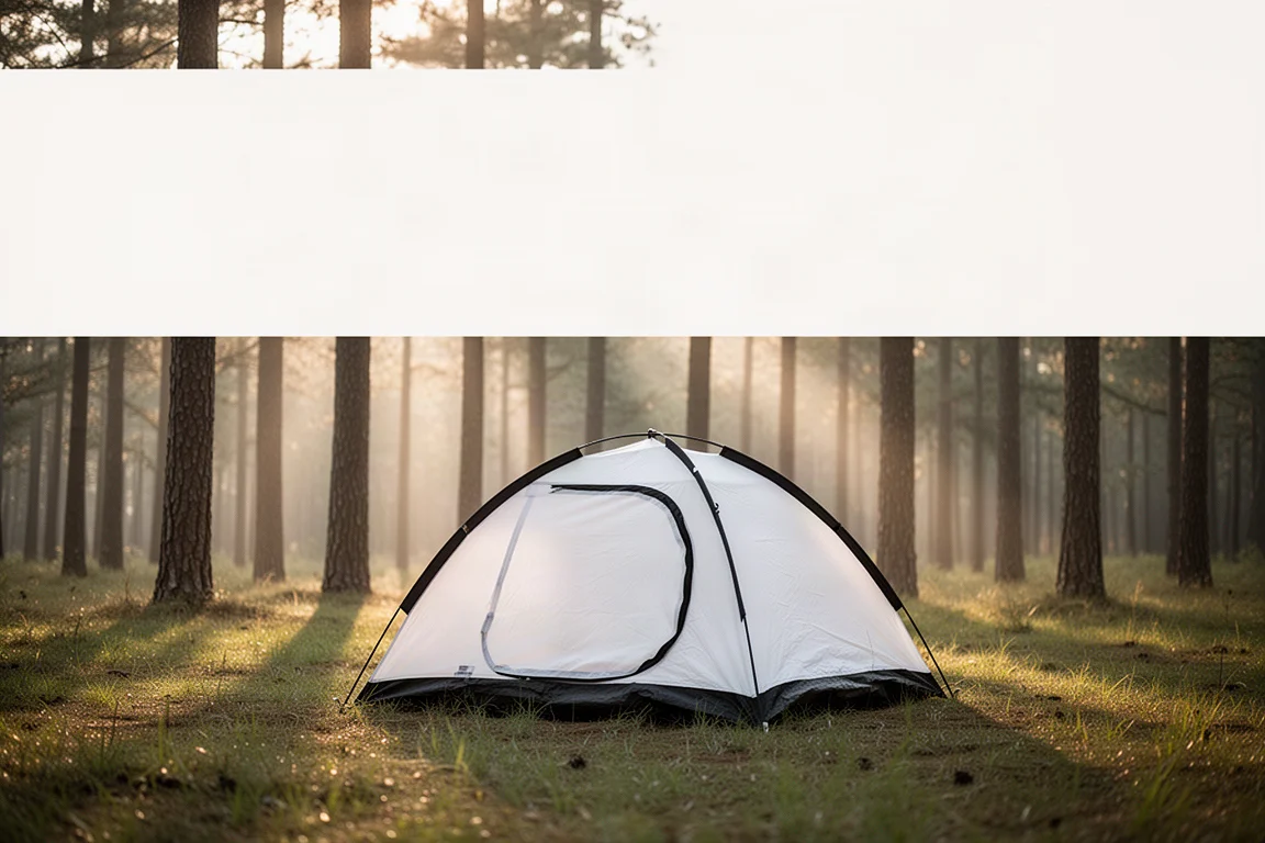Tente pop-up blanche montée seule dans une clairière herbeuse en forêt à l'heure dorée
