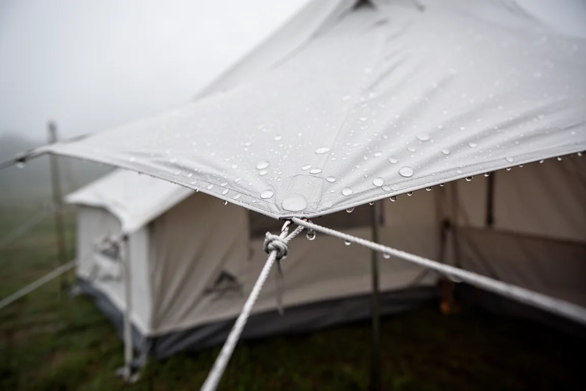 Pluie perlant sur la toile extérieure en polyester d'une tente de camping blanche