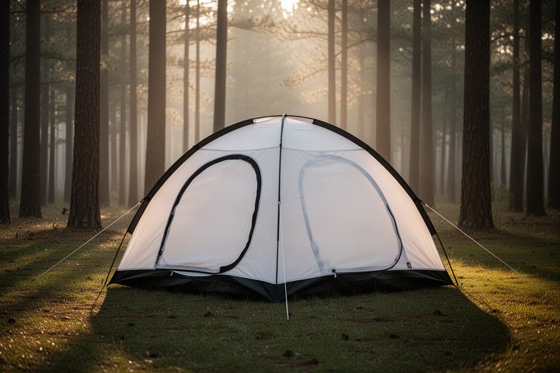 White and black pop-up camping tent pitched on a forest clearing at golden hour