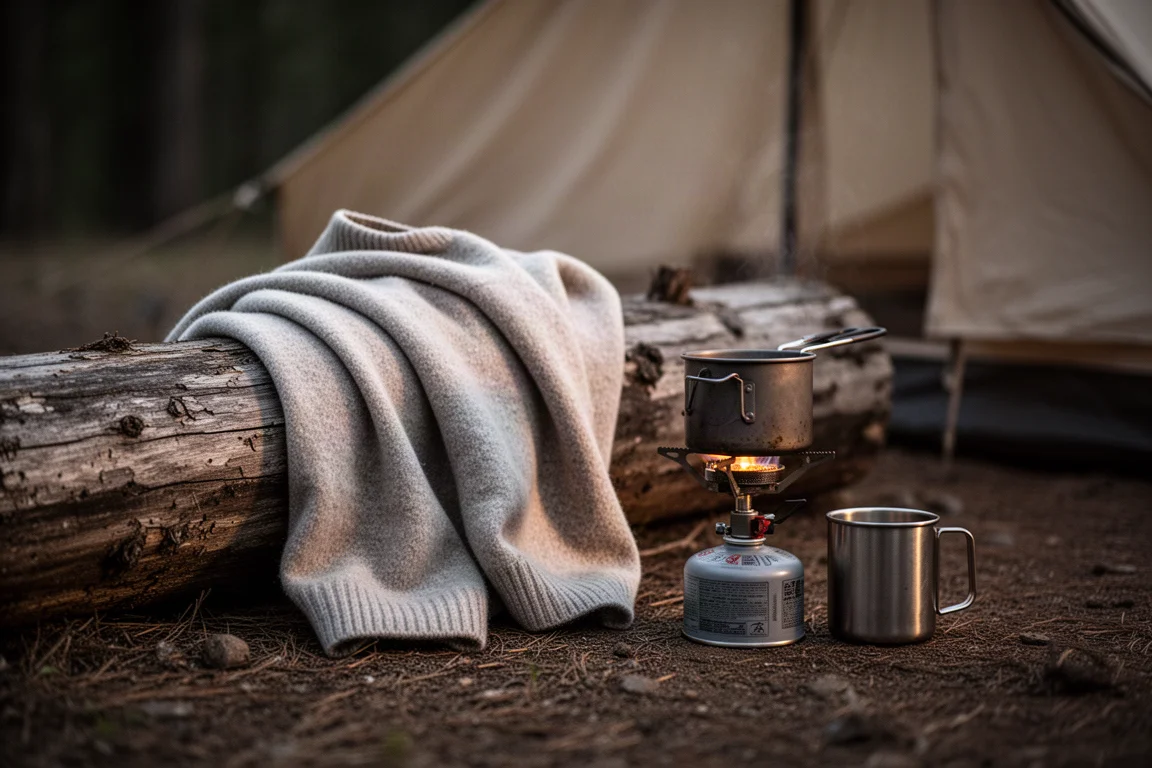 Jersey de forro polar colgado sobre un tronco en un camping por la noche