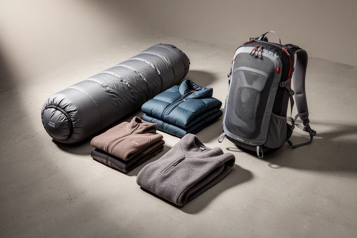 Budget backpacking gear including a sleeping bag, down jackets, fleece and a backpack on concrete