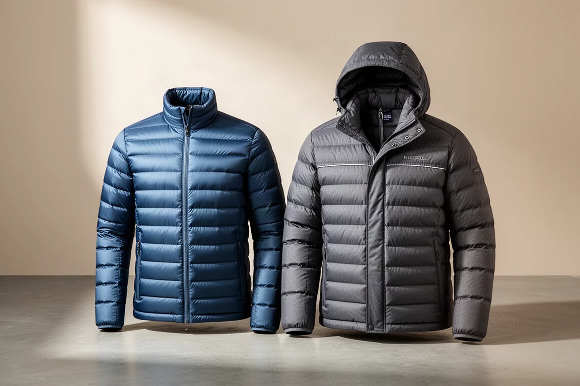 Two quilted down jackets, one slim blue and one hooded dark grey, side by side on concrete