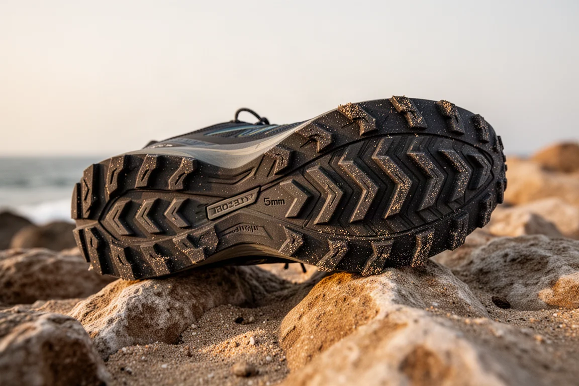 Close-up of a trail shoe outsole with triangular lugs caked in light mud