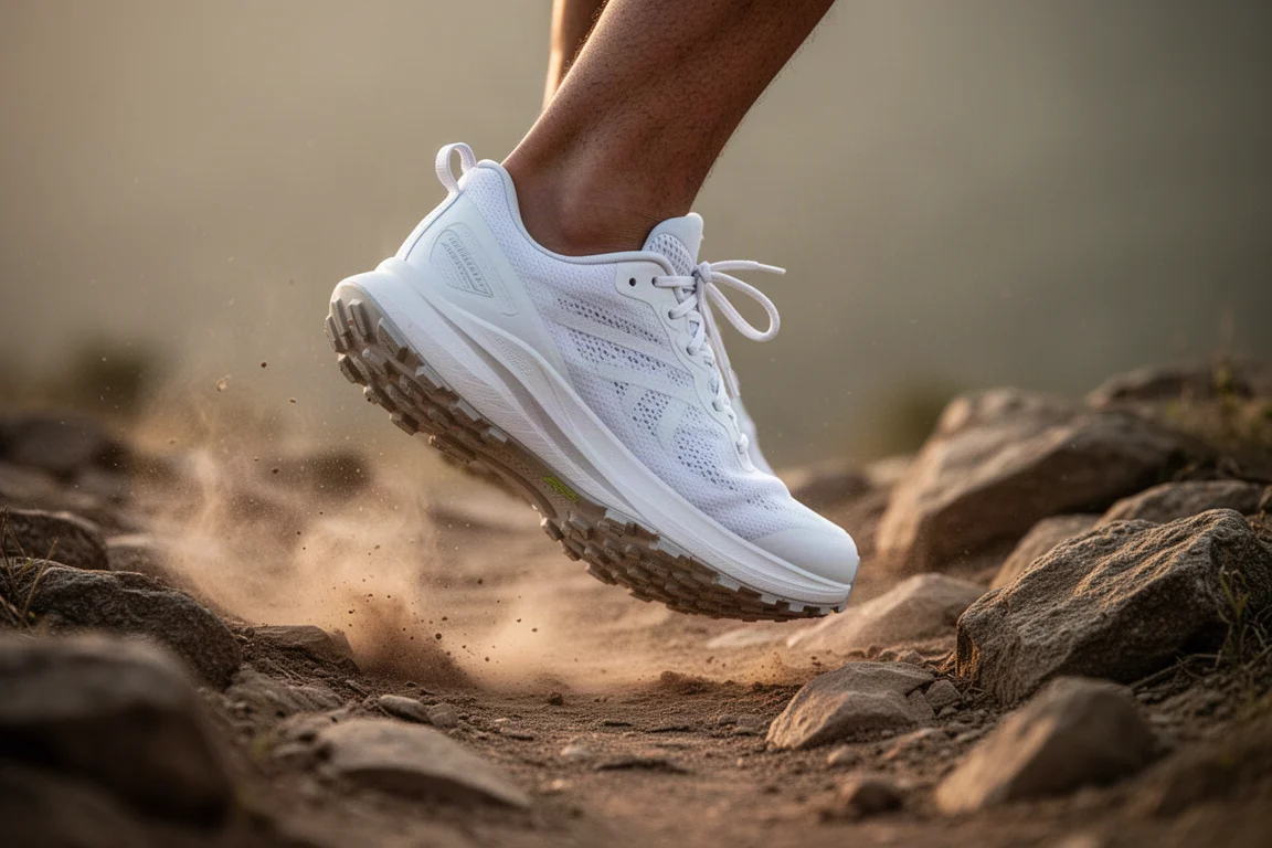 Trail shoe laced up beside a forest trailhead on a wooden bench