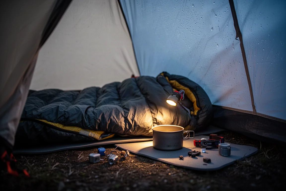 Slaapzak en slaapmatje opgezet in een tent bij schemer met warm licht