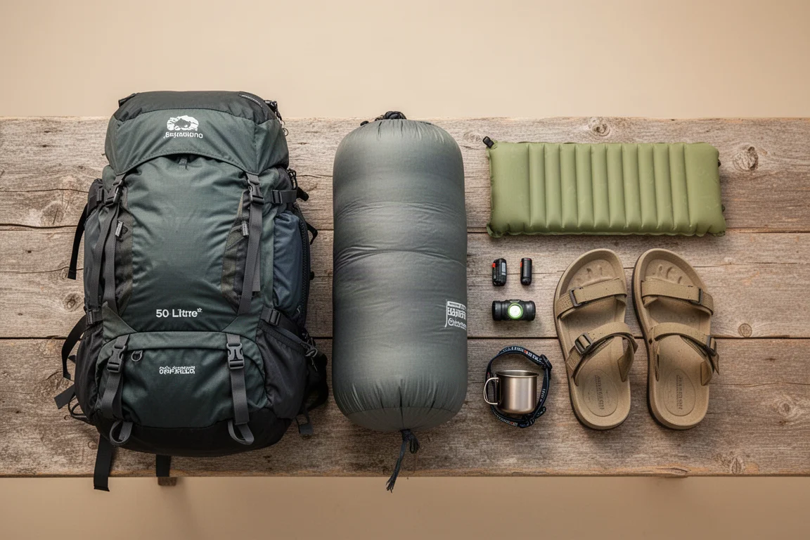 Twee beladen trekkingrugzakken leunend tegen een hekpaal bij een bergtrailhead