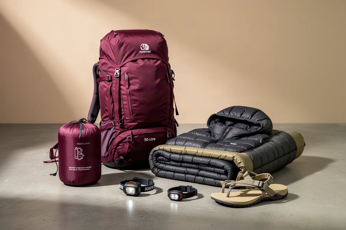 Six-piece budget backpacking kit arranged on a concrete surface with a maroon backpack