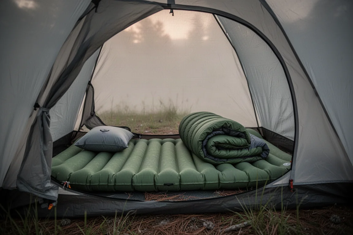 Wide inflatable sleeping pad inside a small backpacking tent at dusk with a sleeping bag on top
