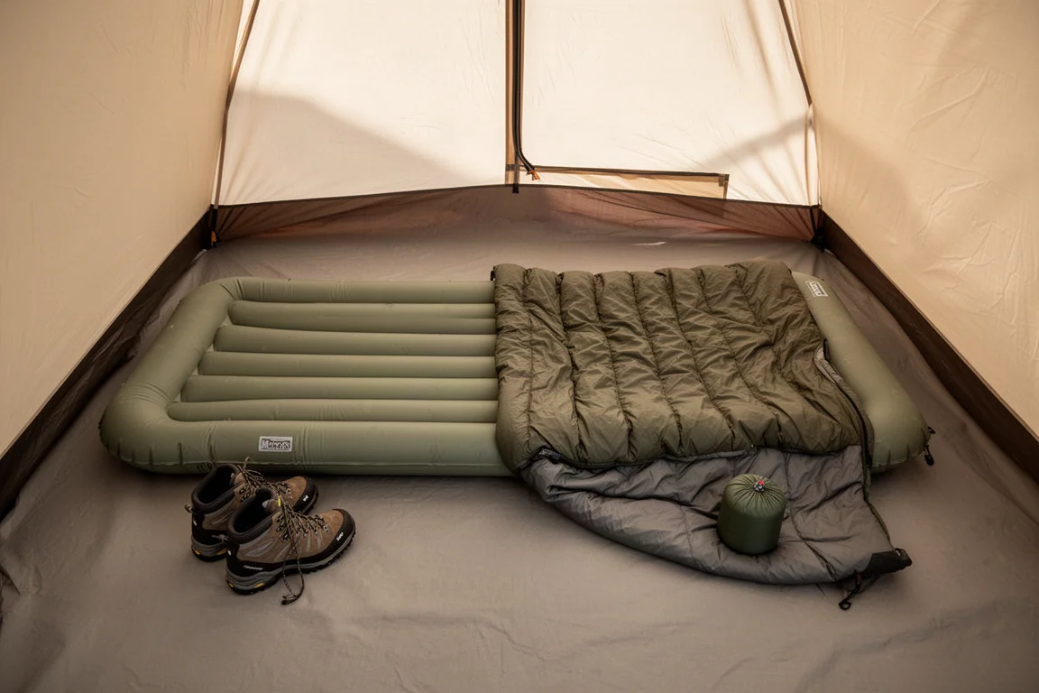 Overhead view of a tent interior with a long wide sleeping pad and a quilted sleeping bag