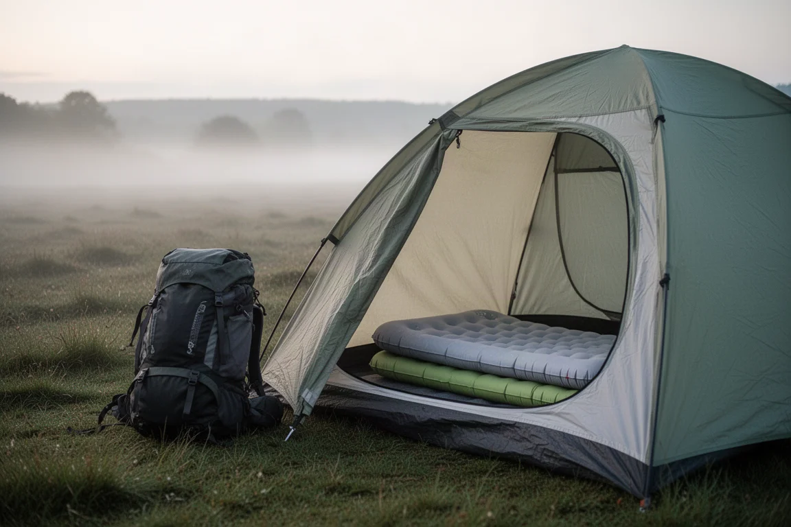 Cool summer morning campsite with two layered sleeping pads visible inside an open tent
