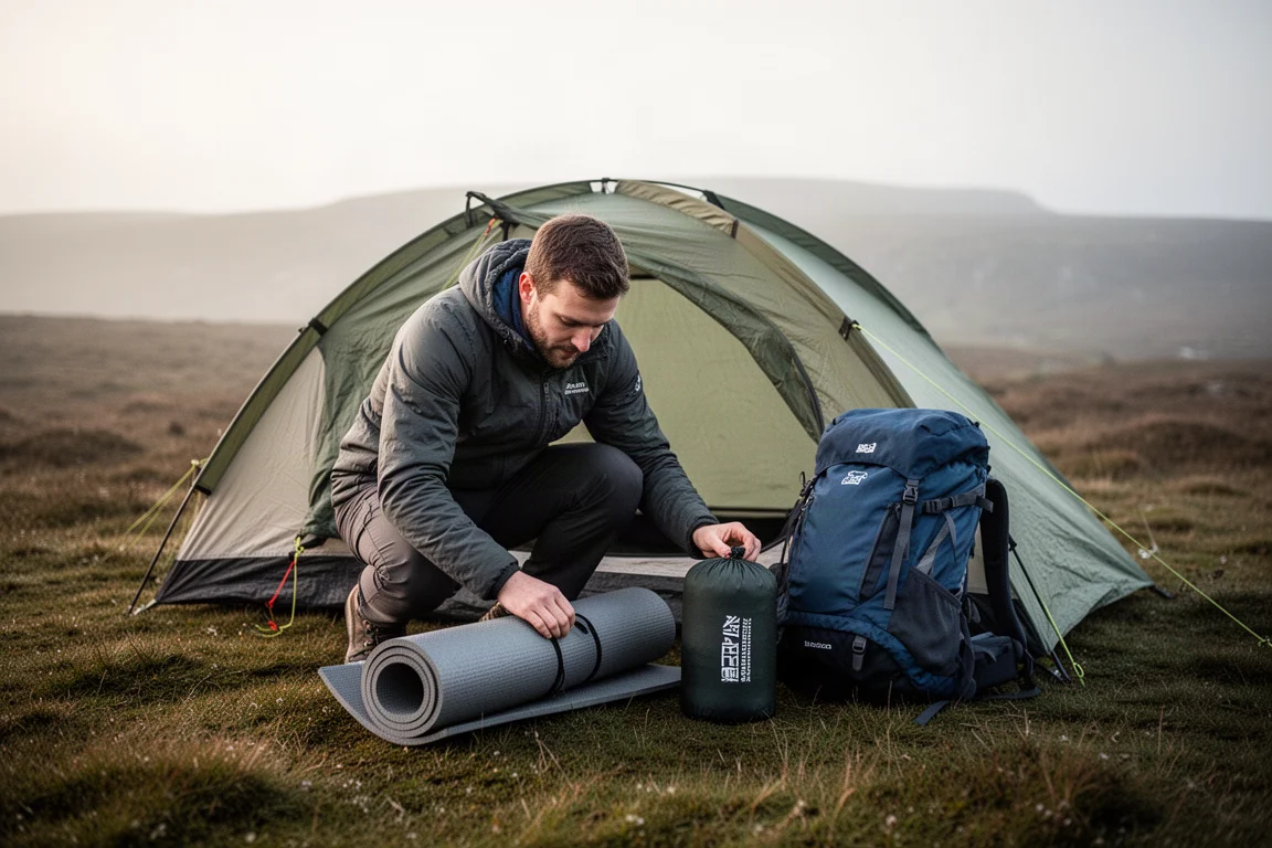 Hiker rolling a deflated sleeping pad into a stuff sack beside a tent on a grassy moor