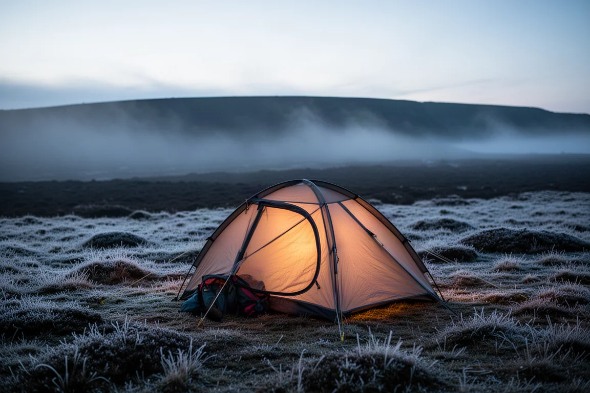 Tente de randonnée dressée sur une lande givrée au crépuscule, avec de la brume sur les collines