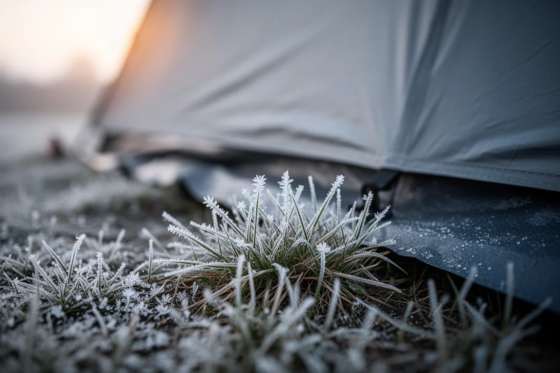 Cristaux de givre sur l'herbe près de la toile de sol d'une tente à l'aube