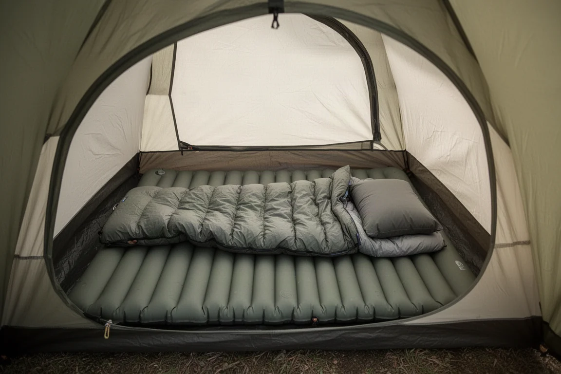 Vue du dessus d'un matelas, d'un quilt et d'un oreiller disposés dans une petite tente