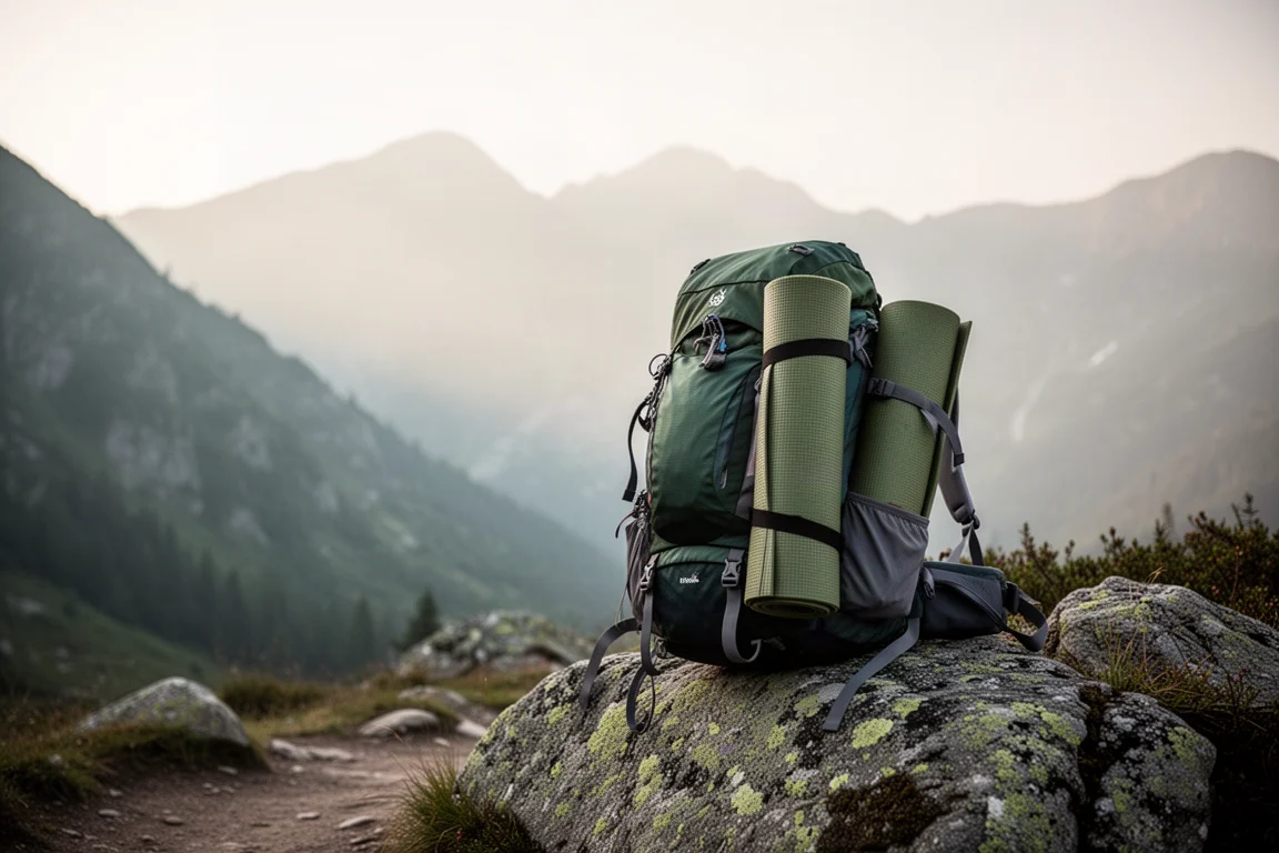 Sac à dos de randonnée chargé avec un matelas enroulé à un départ de sentier en montagne, dans la lumière du matin