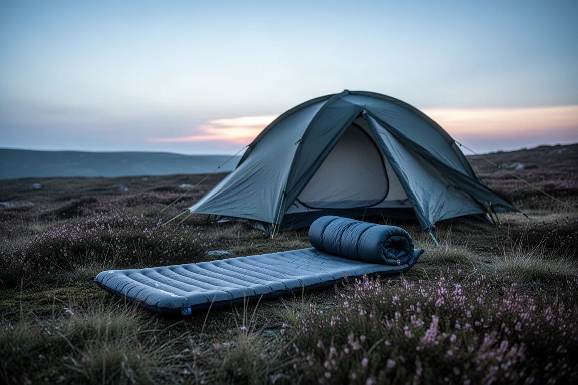 Acampados preparando una esterilla y un saco de dormir en un camping al anochecer con frío