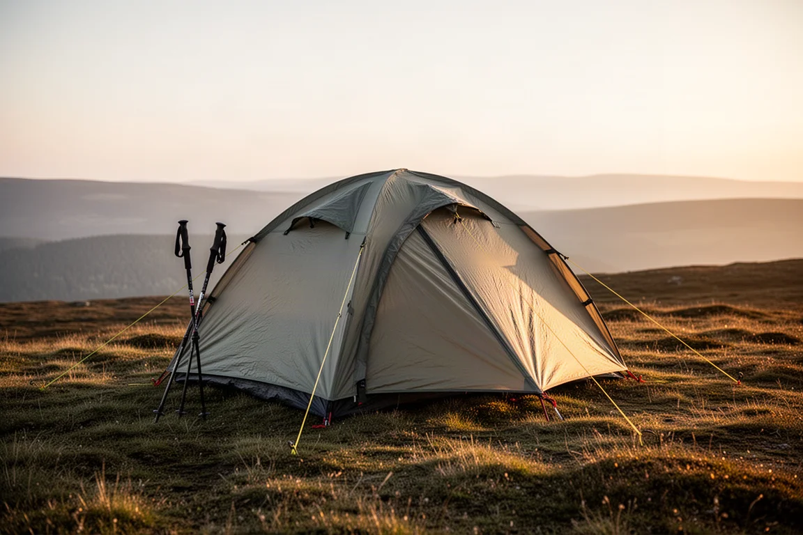 Leichtes Zweipersonen-Trekkingzelt auf einem grasbewachsenen Moorrücken zur goldenen Stunde aufgebaut