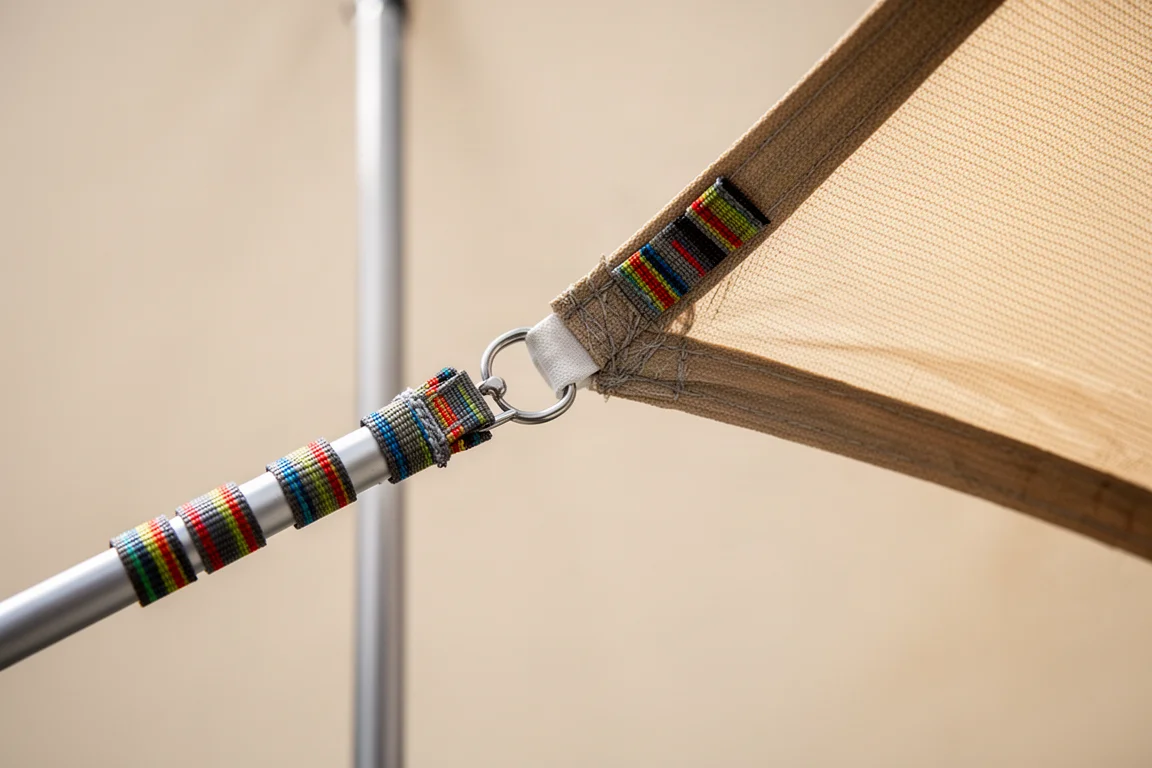 Nahaufnahme farbcodierter Zeltgestängehüllen und Clips an einem Aluminiumgestänge