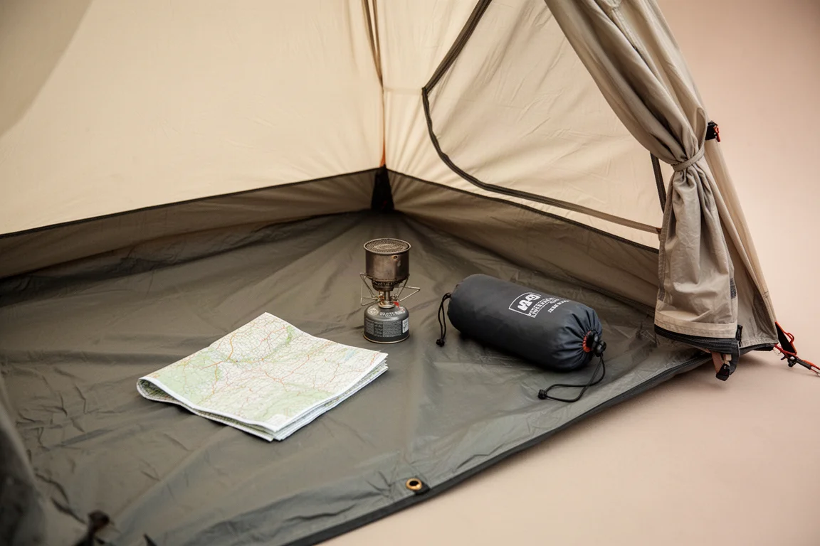 Campingausrüstung auf einer ausgebreiteten Zeltbodenplane in einer offenen Apside