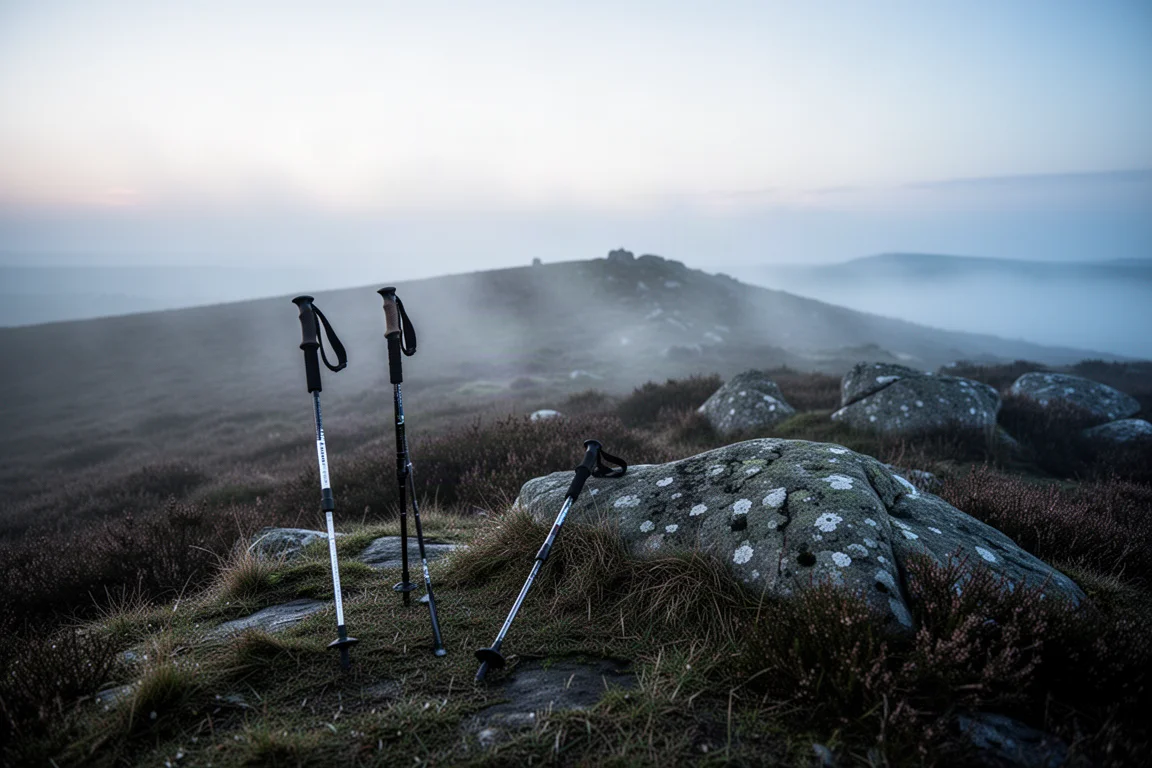Deux bâtons de randonnée plantés dans l'herbe humide de la lande à l'aube, avec une brume basse sur la bruyère