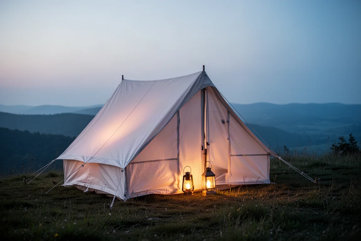 Abri tarp blanc éclairé de l'intérieur par une lanterne au crépuscule sur une colline herbeuse