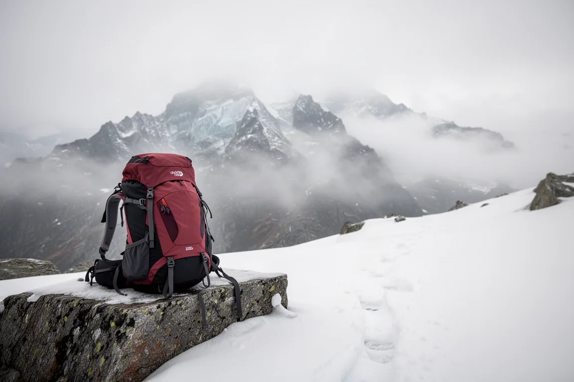 Zaino da trekking carico appoggiato su un masso di granito all'inizio di un sentiero montano nella nebbia all'alba
