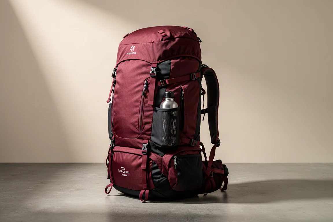 Mahogany red and black 70-litre hiking backpack standing upright on a concrete floor