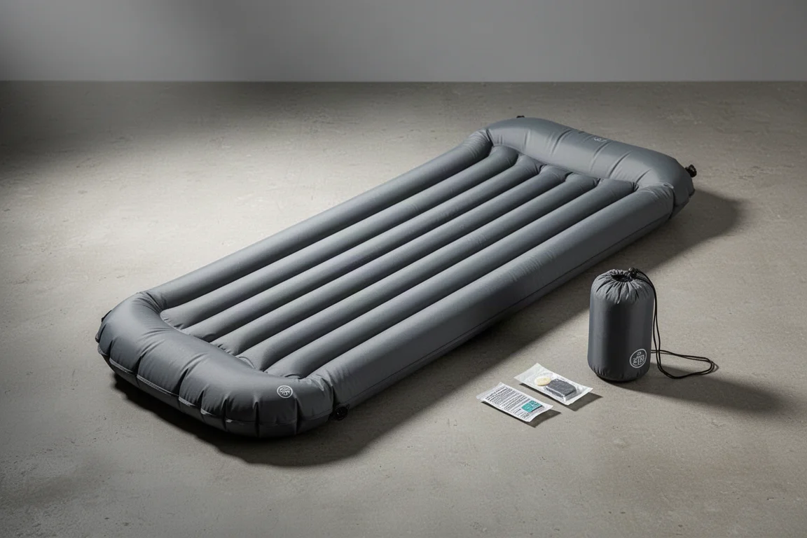 Short gray inflatable sleeping pad with vertical air chambers beside a small stuff sack