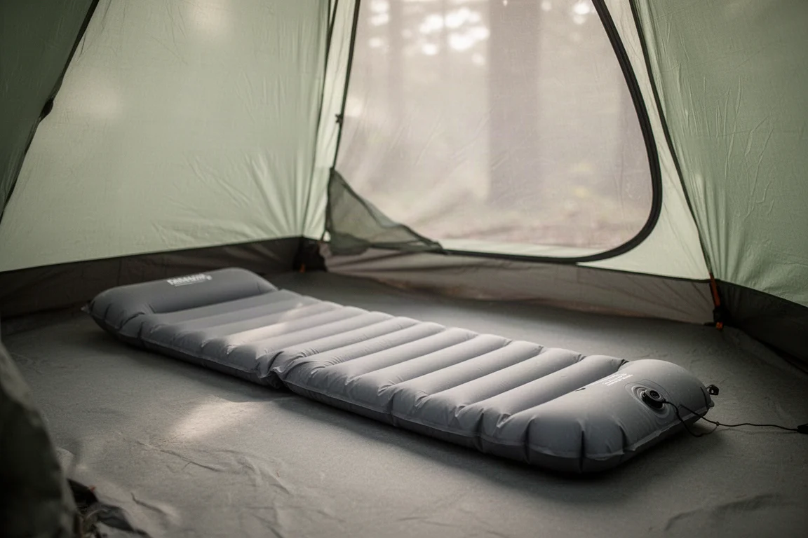Short sleeping pad inflated on a tent floor with the valve assembly visible at the head end