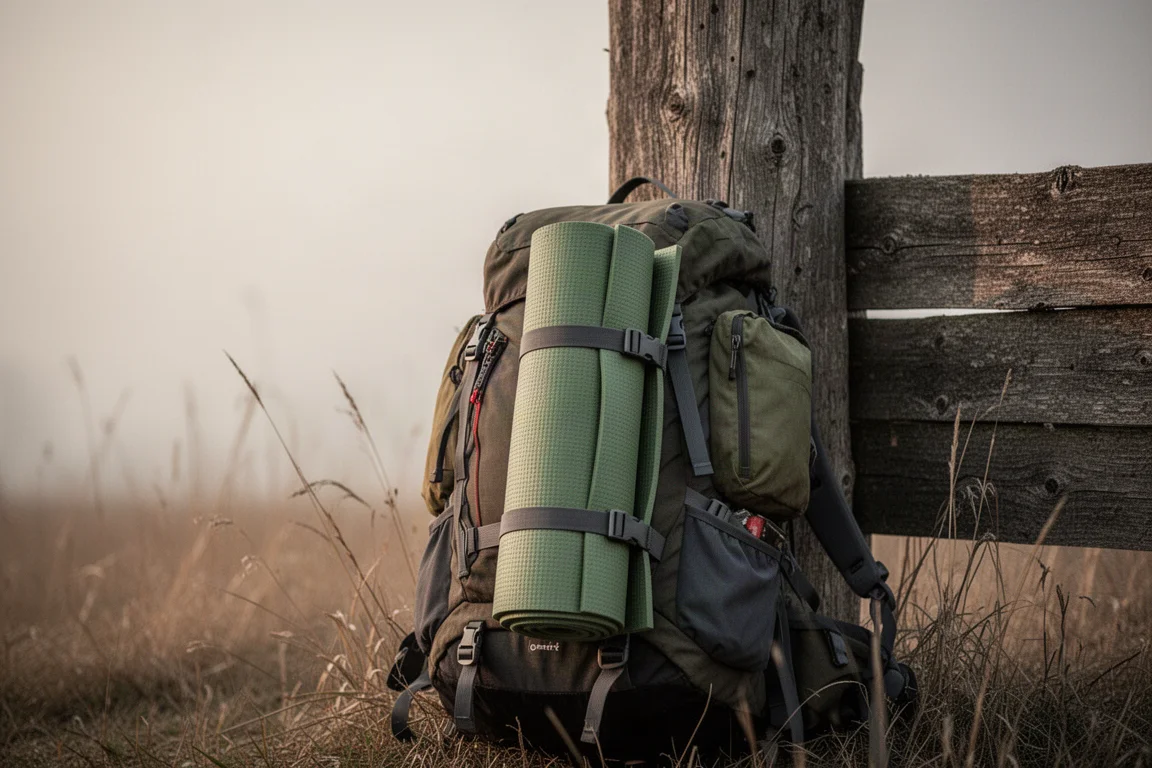 Rolled camping pad strapped to the outside of a loaded hiking backpack