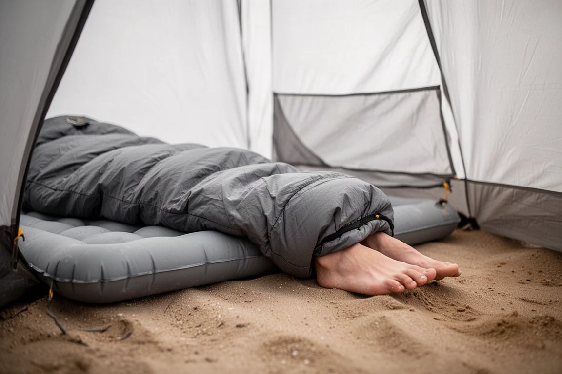 Close-up of a camper's feet resting on the ground beyond the end of a short sleeping pad
