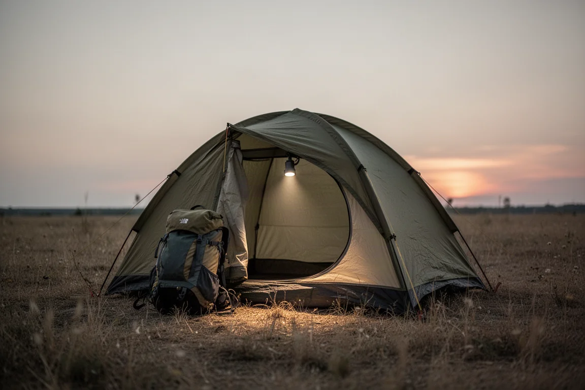 Warm weather campsite at dusk with a tent pitched beside tall grass