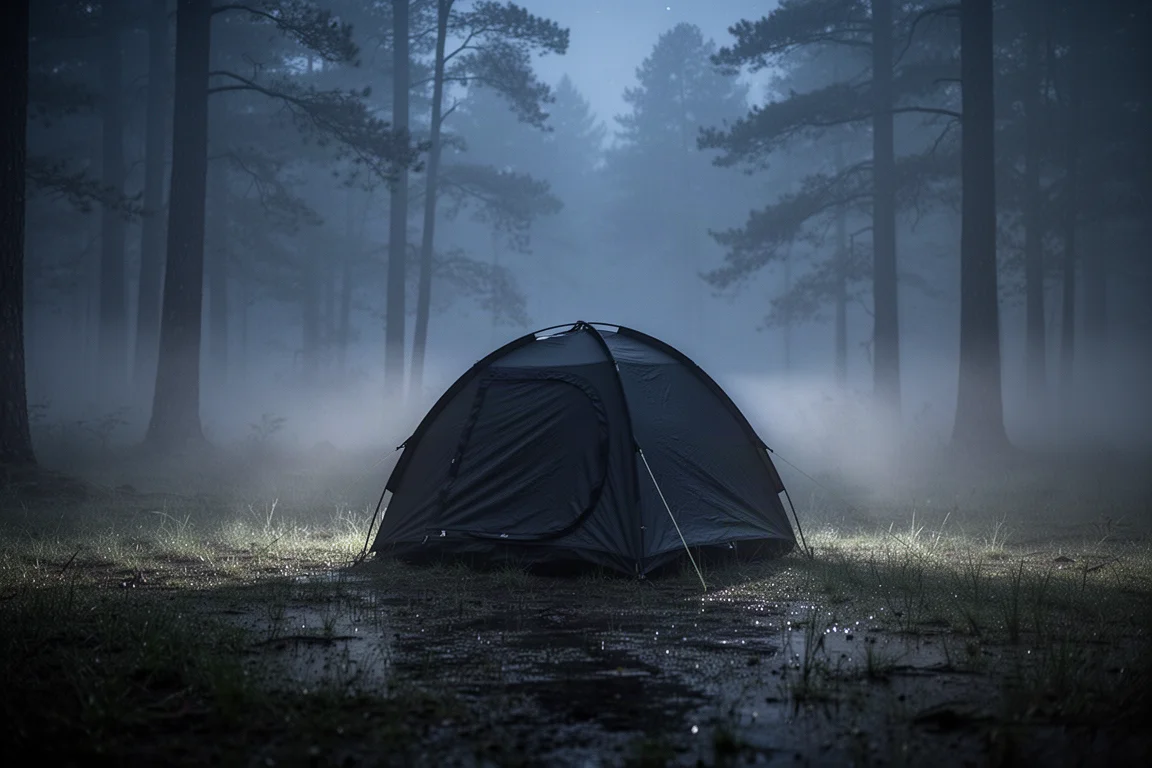 Pequeña tienda de cúpula brillando en un claro de bosque neblinoso por la noche