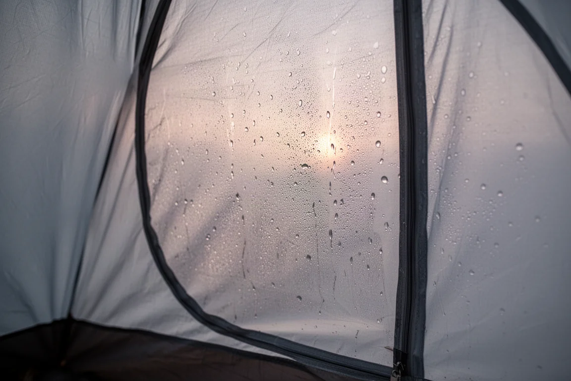 Tienda de cúpula de pie en un claro del bosque durante una fuerte lluvia y viento