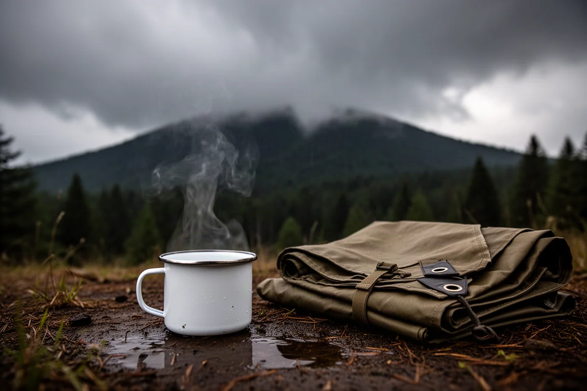 Taza de café sobre una mesa de campamento bajo un toldo en una mañana lluviosa