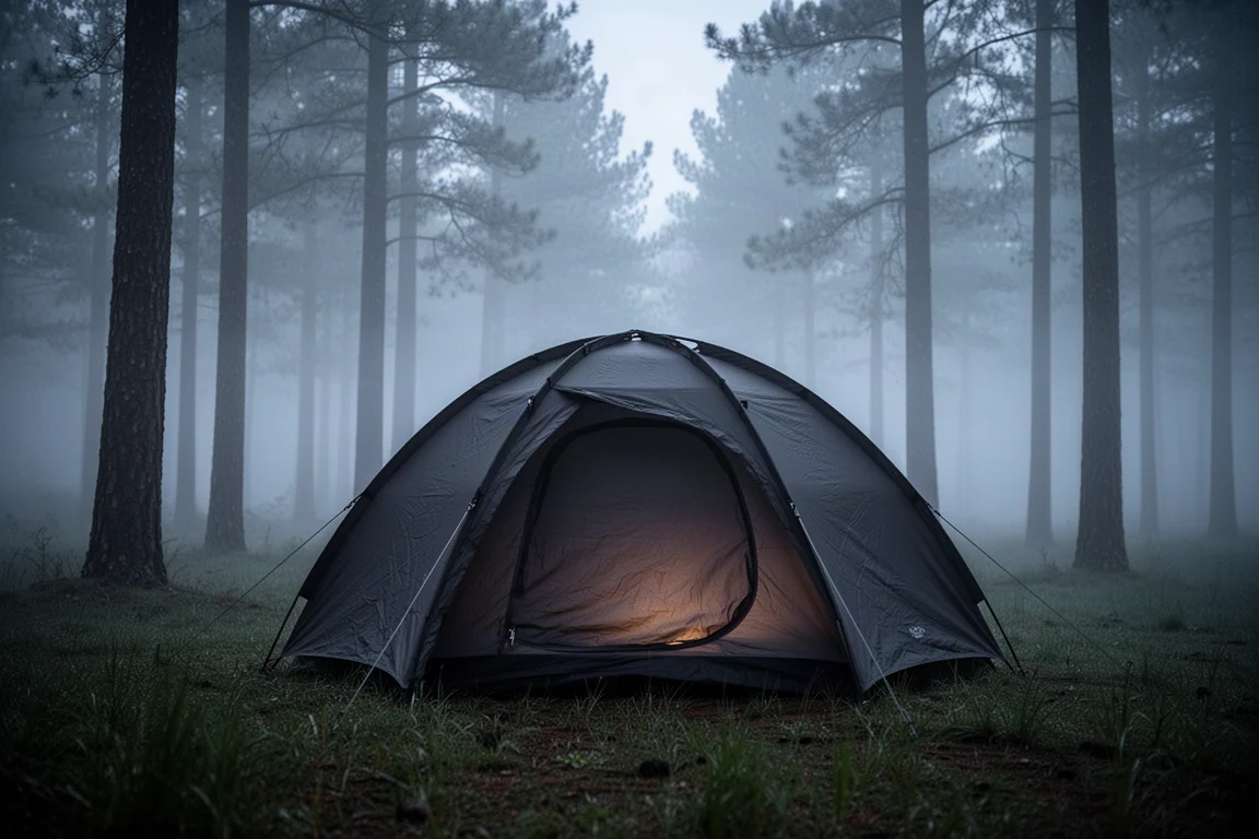 Dark pop-up camping tent pitched in a misty forest clearing at dusk