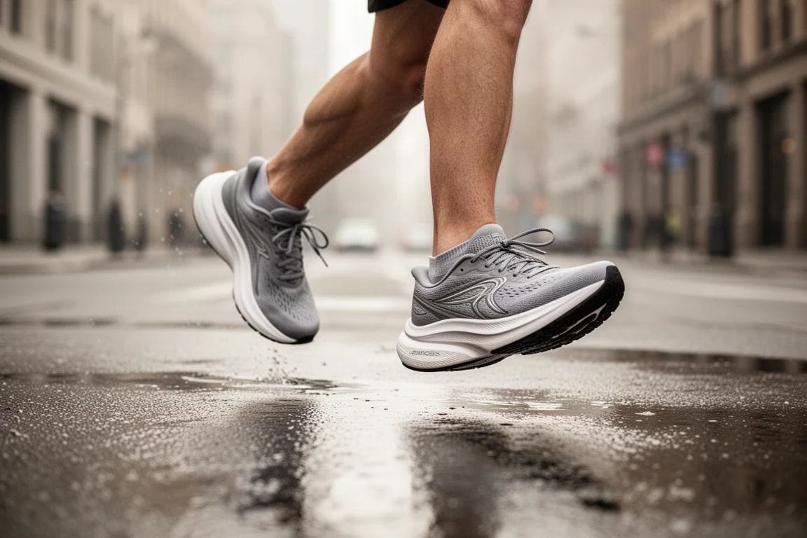 Piedi di un corridore con daily trainer ammortizzati durante una corsa facile su asfalto cittadino bagnato