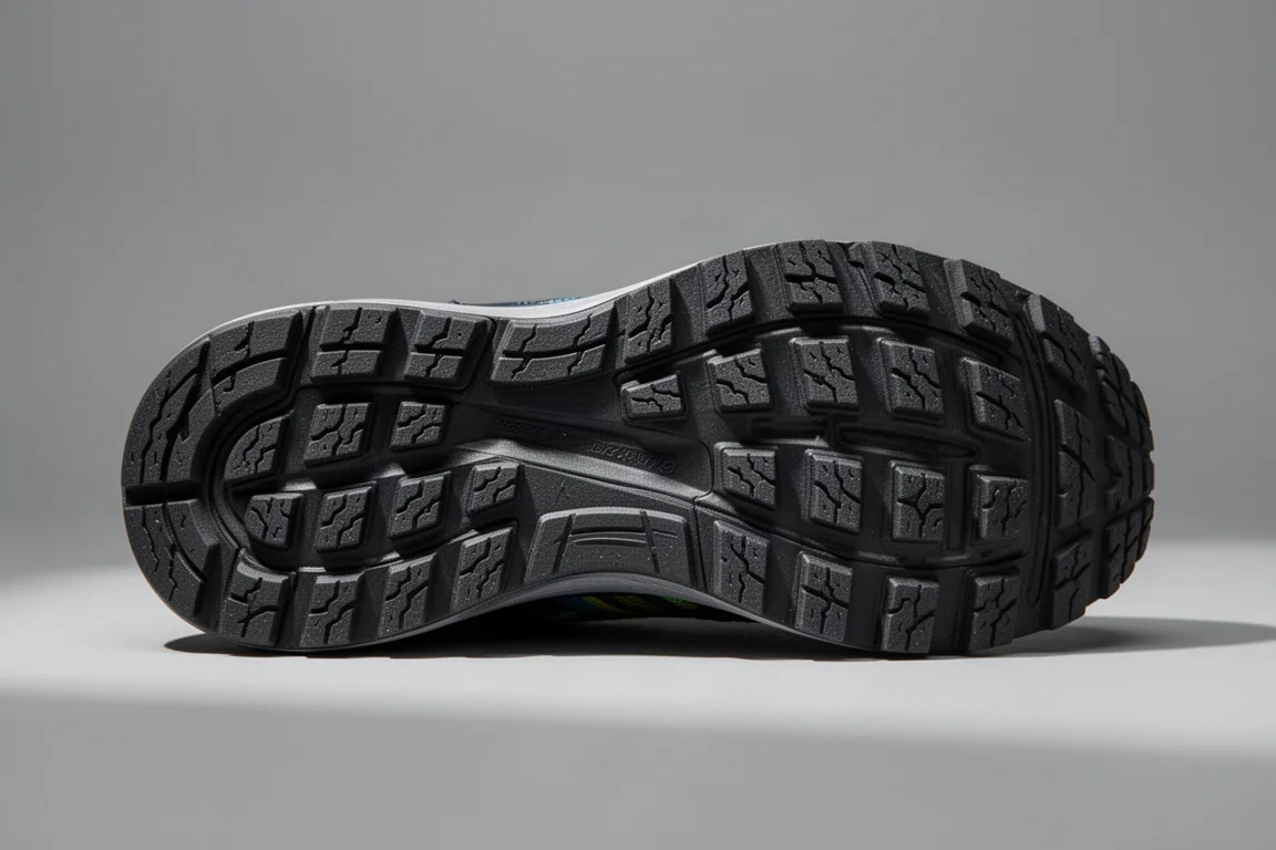 Primo piano del battistrada in gomma di una scarpa da running su strada, ispirato agli pneumatici delle automobili