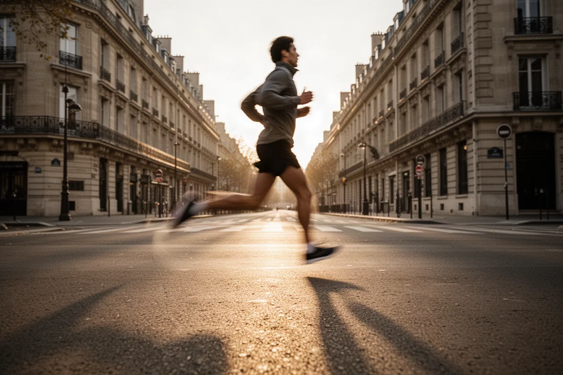 Corridore che sfreccia in una via di Parigi durante un allenamento veloce al tramonto