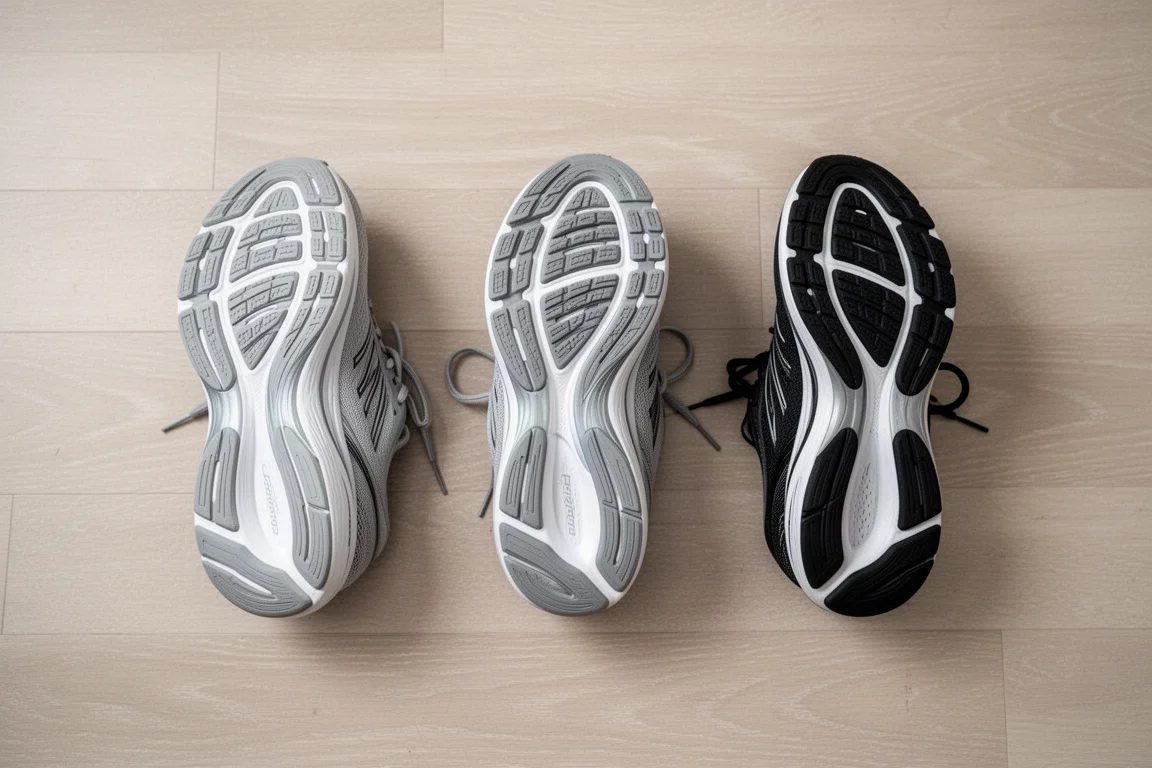 Fila di tre midsole di daily trainer affiancati che mostrano spessori di schiuma diversi