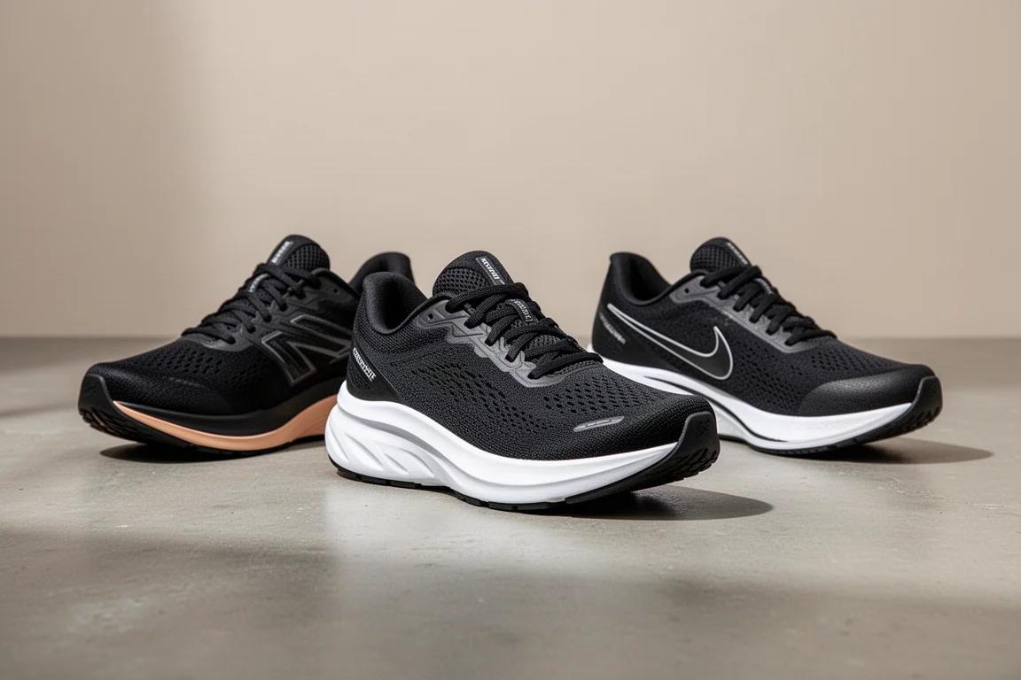 Three running shoes arranged on a concrete surface for a daily trainer comparison