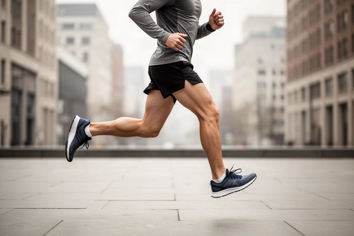Läufer joggt bei weichem Tageslicht auf einem städtischen Bürgersteig