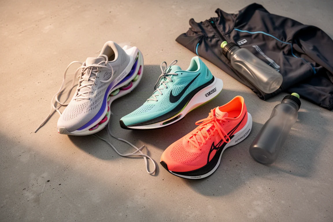 Drei Laufschuhe nach dem Lauf auf einer Betonfläche angeordnet