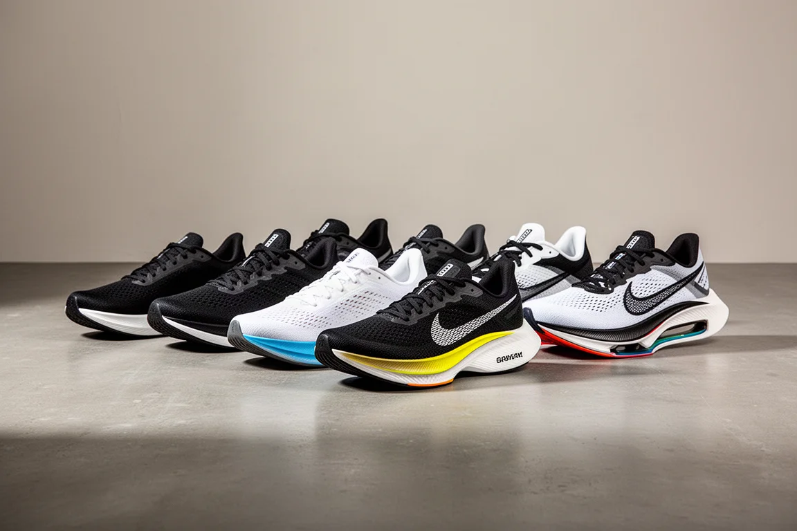 Eight running shoes from the Kiprun range lined up on a grey studio floor