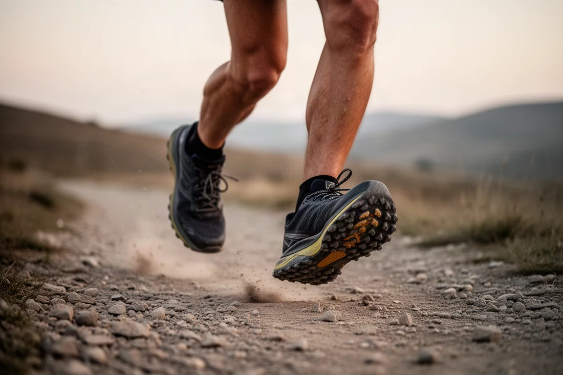 Füße eines Trailrunners auf einem verdichteten Schotterweg im weichen Abendlicht