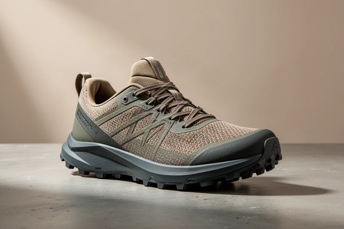 Trail running shoe with lug outsole on a concrete surface