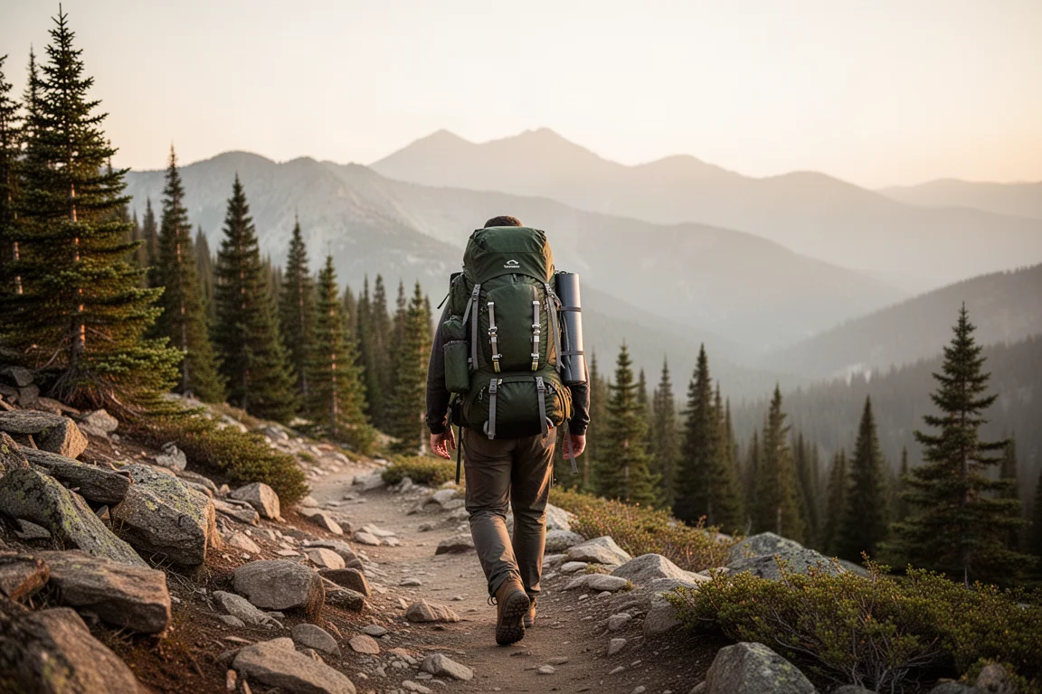 Wanderer von hinten gesehen mit beladenem Rucksack auf einem Bergpfad zur goldenen Stunde