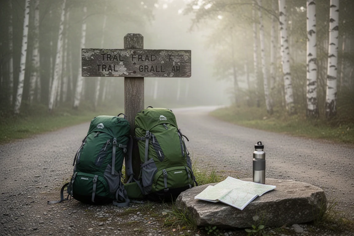Zwei Wanderrucksäcke lehnen an einem Wegweiser am Trailhead im Morgenlicht